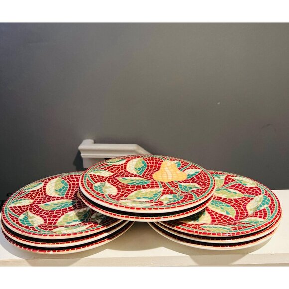 Pier 1 Mosaic Fruit Salad Plates|Set of 8|Made in Italy8.25" Round|Fruit Pattern - Picture 3 of 11